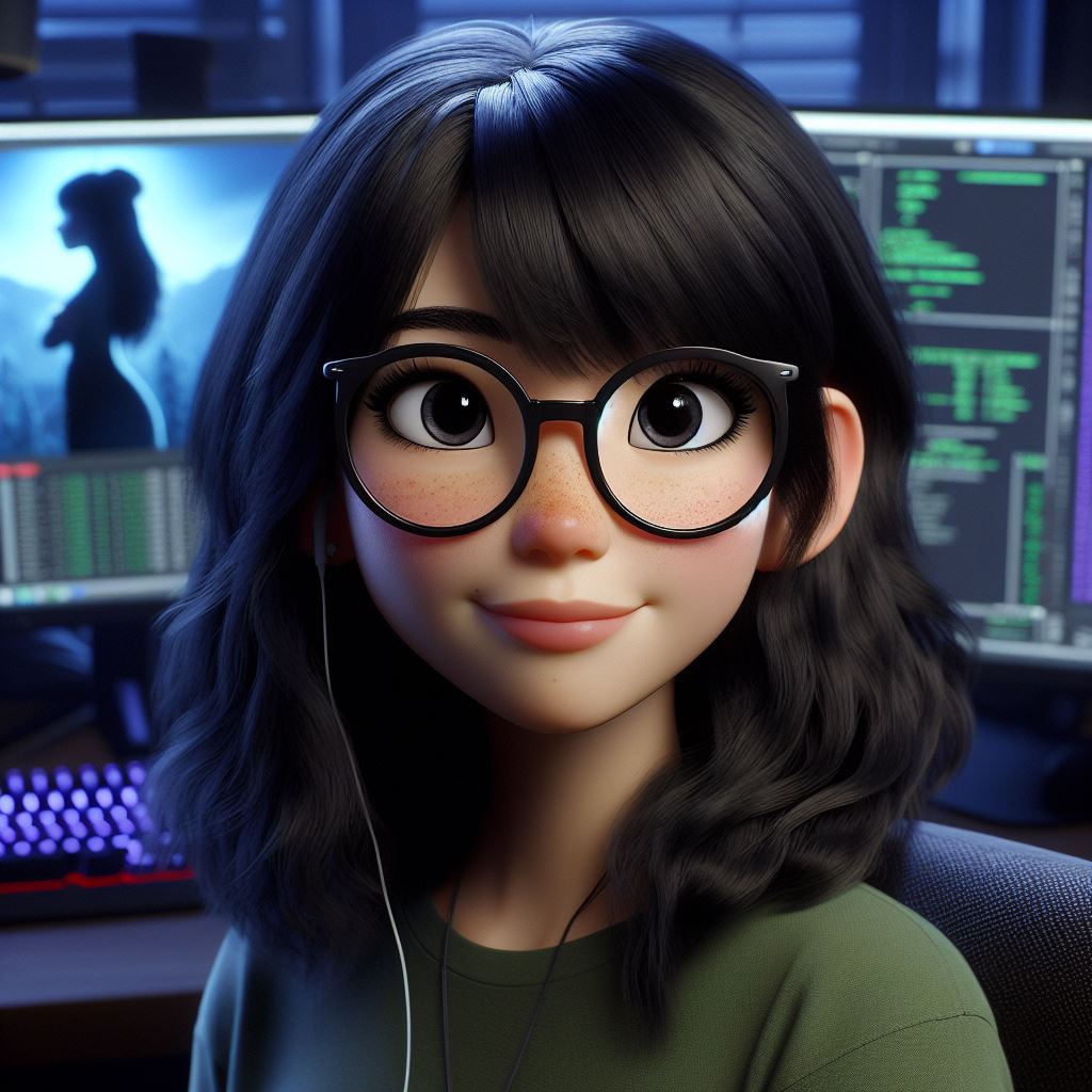 Uma garota de cabelos pretos, médios, com franja, olhos pretos e óculos arredondados, está usando um fone em uma orelha. Ela está em um ambiente com computadores. Toda a imagem no estilo da Disney Pixar.